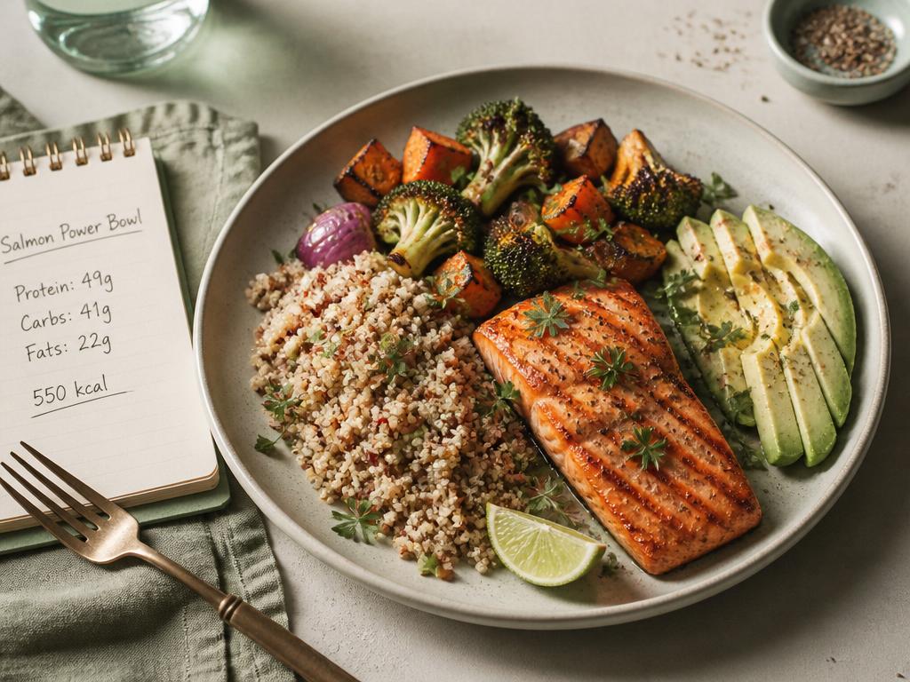 A beautifully plated high-protein meal with macro notes